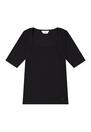 Zwart geribd topje met korte mouwen, een vierkante halslijn, mouwen van middellange lengte en een klein "Lee"-logo vlakbij de zoom.