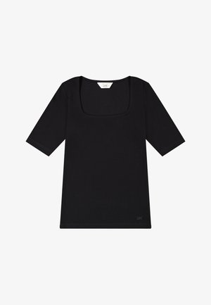 Czarny prążkowany top z krótkim rękawem, kwadratowym dekoltem, rękawami o długości do połowy ramienia oraz małym logo "Lee" w pobliżu dołu.