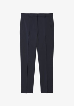 Navy blue tailored trousers with a smooth texture, straight fit, front pockets, and a subtle crease detail along the legs.