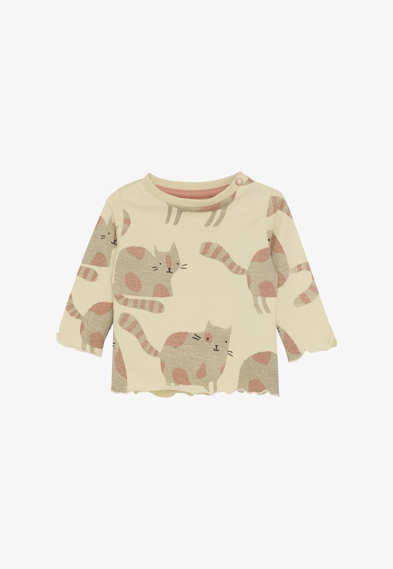 Langarmige, crème-kleurige shirt gemaakt van katoen. Heeft een kattenpatroon in zachtroze en grijs. Gerafelde onderrand en knoopsluiting bij de hals.