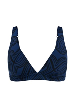 Blauer BH mit breiten Trägern und abstraktem schwarzem Wirbelmuster, mit tiefem V-Ausschnitt und stützendem Unterbrustband.