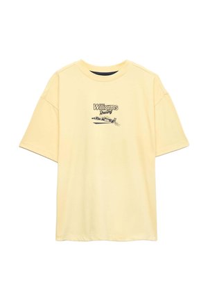 Hellgelbes Kurzarm-T-Shirt mit dem Text "Williams Racing" und einer schwarz-weißen Rennwagen-Grafik in der vorderen Mitte.