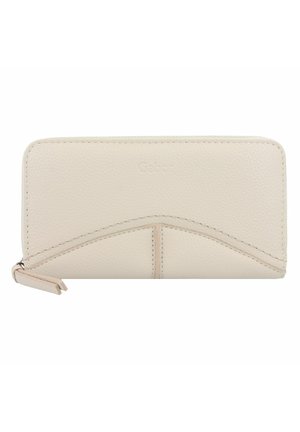Light beige zip wallet made of textured leather, featuring a curved seam design and a small zipper pull tab. Logo embossed on the front.
