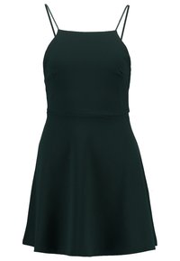 Tumma vihreä mekko, jossa on ohuet säädettävät olkaimet, tiukka yläosa ja levenevä hame, jolla on sileä pinta.