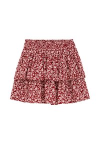 Röd blommönstrad kjol med elastisk midja, lager av volanger och vita bladdesigner, tillverkad av lätt tyg.