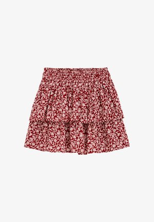 Gonna con motivo floreale rosso, con vita elasticizzata, balze sovrapposte e disegni di foglie bianche, realizzata in tessuto leggero.