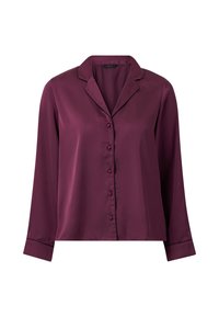 Bordeaux satin skjorte med knaplukning og lange ærmer, med slidsekant og kontrasterende sort piping langs kraven og manchetterne.