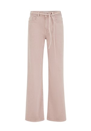 Gaisīgi rozā platām kājām džinsi ar auklu pie jostasvietas, divām priekšējām kabatām un gludu, džinsa cienīgu tekstūru.