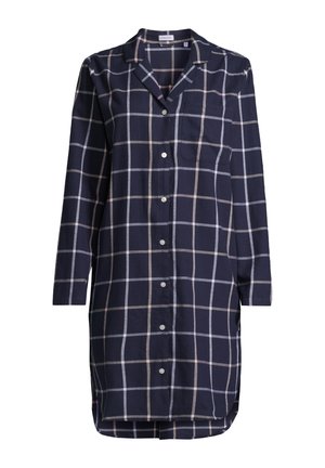 Marineblauwe jurk met lange mouwen, knoopsluiting, in een beige-wit dambordruitpatroon en met een borstzak.