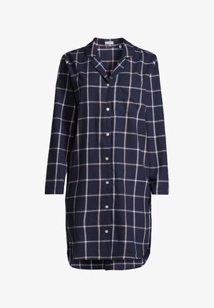 Navyblaues, langärmliges, knöpfbares Kleid mit beigem und weißem Karomuster und Brusttasche.