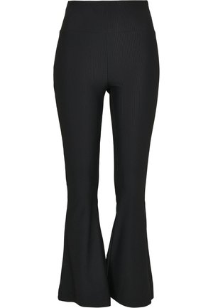 Schwarze gerippte Strickhose mit hoher Taille und ausgestellten Beinen, von vorne auf weißem Hintergrund gezeigt.