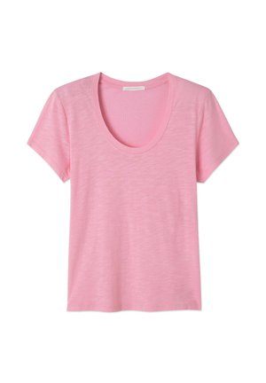 Roosa lühikeste varrukatega T-särk, millel on ümar kaelus ja pehme, tekstureeritud kangas. Casual disain lõdva piiriga, ideaalne igapäevaseks kandmiseks.