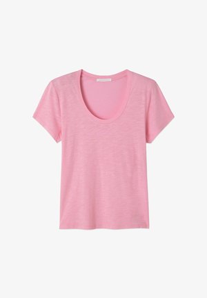 Roosa lühikeste varrukatega T-särk, millel on ümar kaelus ja pehme, tekstureeritud kangas. Casual disain lõdva piiriga, ideaalne igapäevaseks kandmiseks.