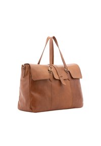 Borsa in pelle marrone con un design strutturato, chiusura a pattina piatta, manici superiori doppi e dettagli in hardware color oro. Texture liscia e forma rettangolare.