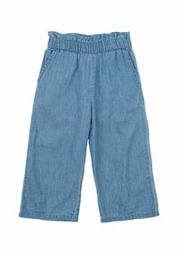 Denimculotter med elastisk midja, två sidofickor och en avslappnad passform. Färgen är ljusblå med en subtil textur.