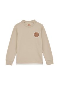 Sweatshirt beige à manches longues avec un motif texturé en tricot gaufré. Présente un logo rond marron sur la poitrine et un détail d'ourlet blanc.