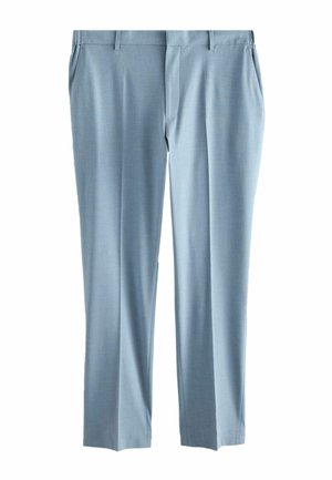 Világoskék, testhez szabott elegáns nadrág oldalzsebekkel, elülső cipzárral és egyenes szárú szabással, fehér háttéren.