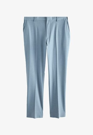 Világoskék, testhez szabott elegáns nadrág oldalzsebekkel, elülső cipzárral és egyenes szárú szabással, fehér háttéren.