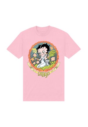 Różowa bawełniana koszulka z grafiką postaci z kreskówek o czarnych włosach, otoczona wzorami kwiatowymi i napisem "Waga", z zakresem dat.