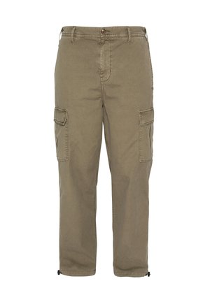 Pantalon cargo kaki pour homme avec fermeture par boutons, passants pour ceinture, poches à rabat latérales et cordons ajustables à l'ourlet.