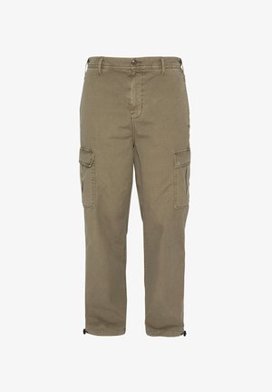 Pantalon cargo kaki pour homme avec fermeture par boutons, passants pour ceinture, poches à rabat latérales et cordons ajustables à l'ourlet.