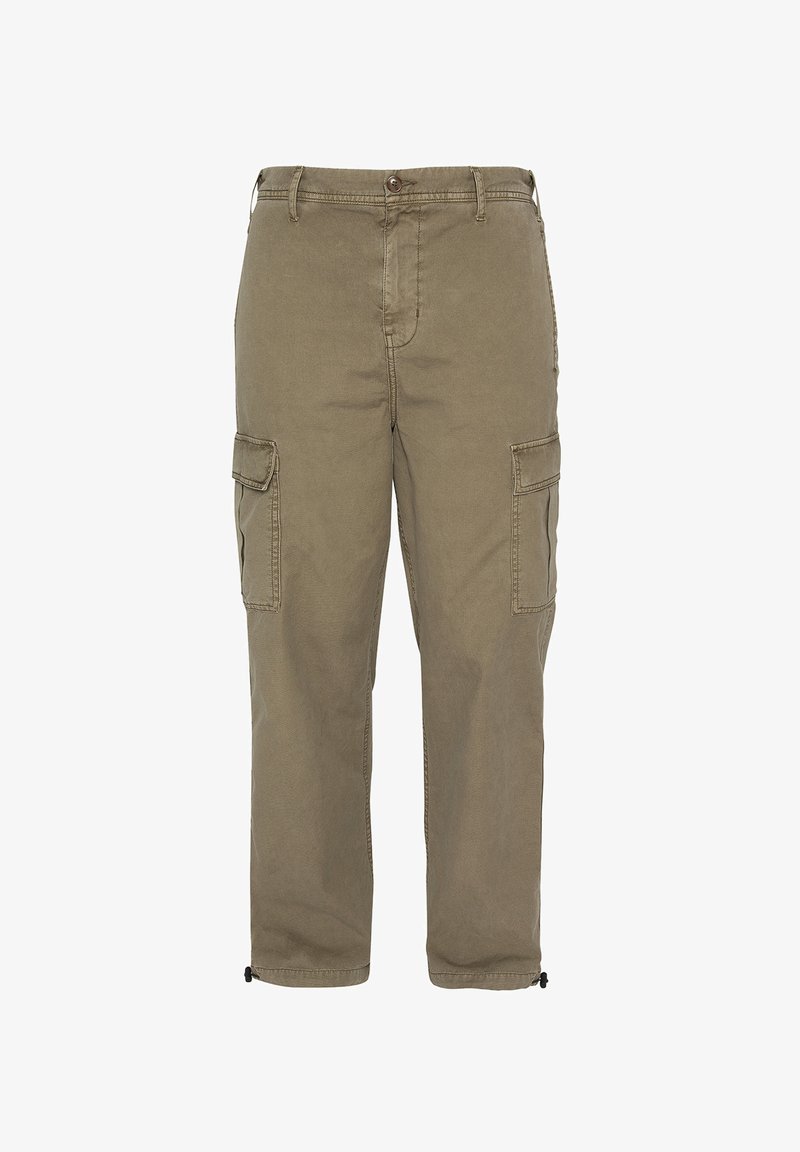 Pantalon cargo kaki pour homme avec fermeture par boutons, passants pour ceinture, poches à rabat latérales et cordons ajustables à l'ourlet.