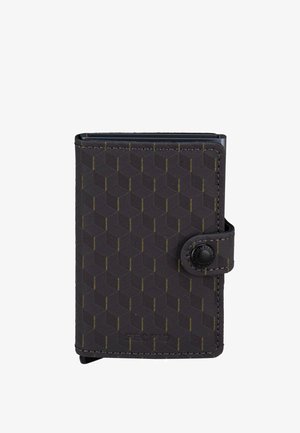 Dark brown wallet with a hexagonal pattern, made of textured material, features a snap closure and contrasting yellow accents.
