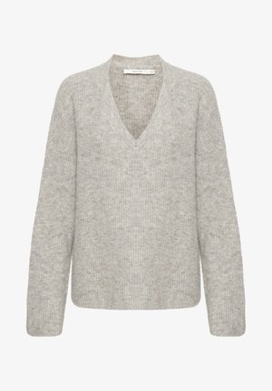 Svetlo sivi pleteni pulover z V-izrezom, dolgimi rokavi in ohlapnim krojem. Narejen iz mehkega, teksturiranega materiala z rahlim meliranim vzorcem.