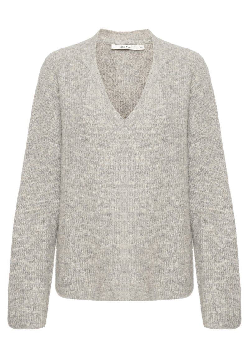 Hellgrauer Strickpullover mit V-Ausschnitt, langen Ärmeln und lockerer Passform. Hergestellt aus weichem, strukturiertem Material mit einem dezenten melierten Muster.