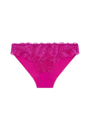 Pink lace hipster panties featuring a floral lace trim at the waistband and a smooth body fabric in a matching hue.