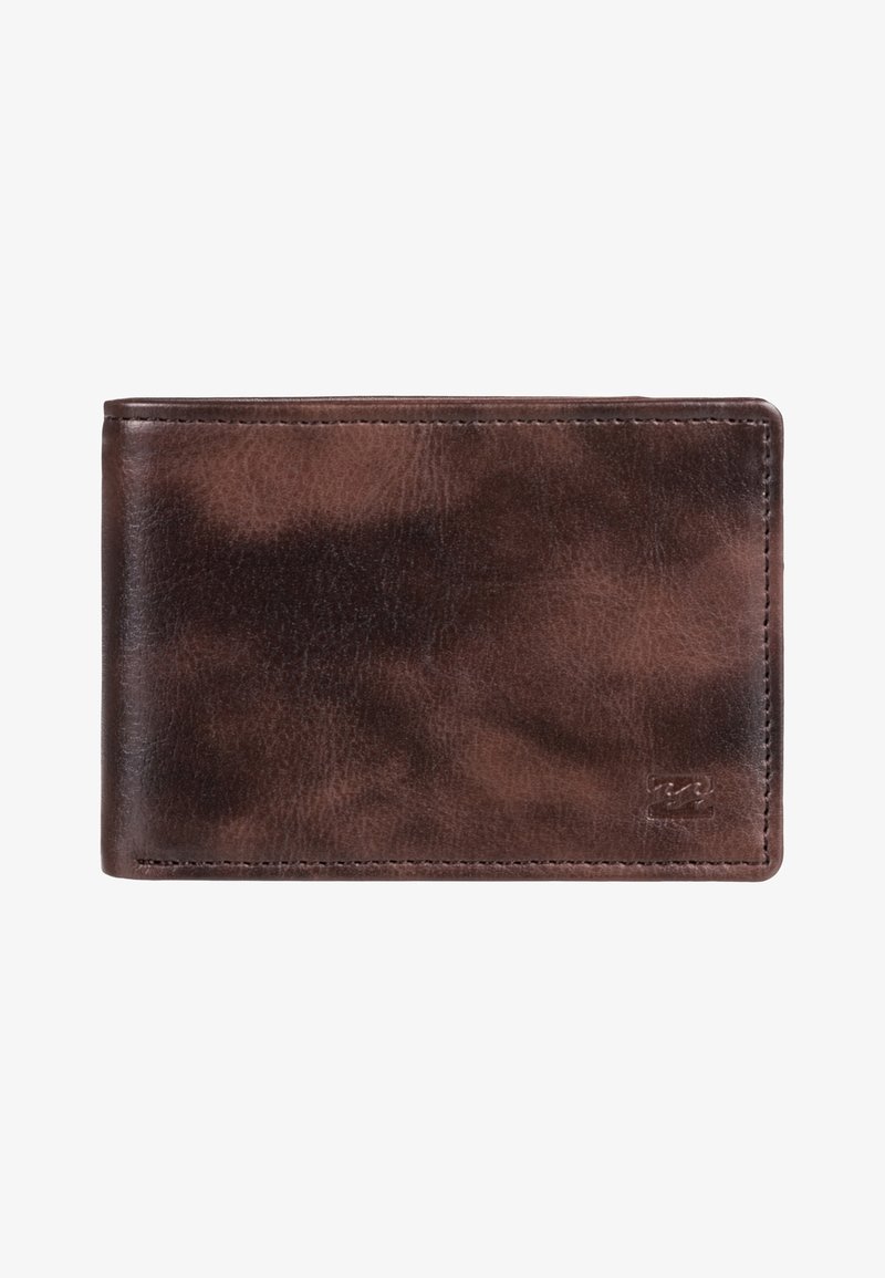 Brown leather wallet with a textured finish, bi-fold design, featuring subtle contrasting tones and a small embossed logo on the lower right.
