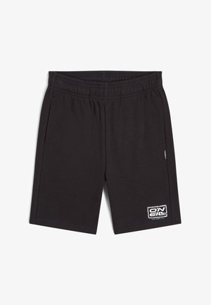 Czarne spodenki sportowe z miękkiego materiału, z elastycznym pasem, dwoma bocznymi kieszeniami oraz białym logo marki na dolnej stronie.