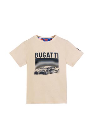 Beige short-sleeve T-shirt with "BUGATTI" text and graphic of a Bugatti sports car below horizontal black lines on front.