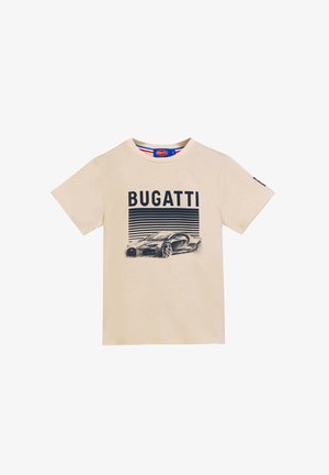 Beige T-Shirt mit kurzen Ärmeln, auf der Vorderseite mit dem Text "BUGATTI" und einer Grafik eines Bugatti-Sportwagens unter horizontalen schwarzen Linien.