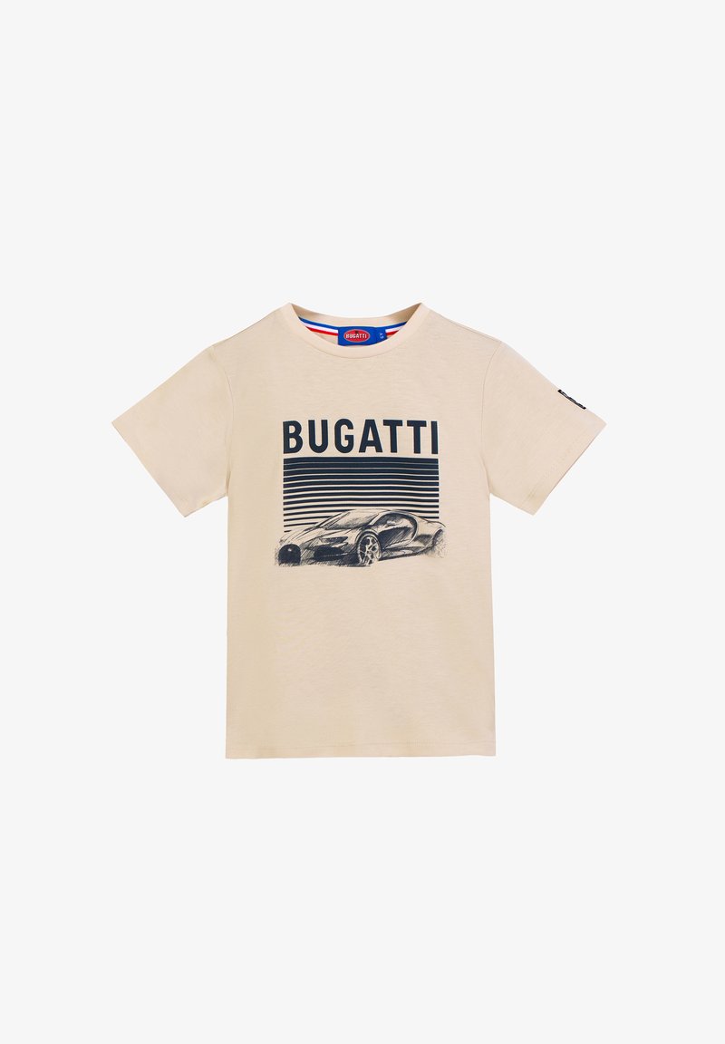 T-shirt beige a maniche corte con la scritta "BUGATTI" e la grafica di un'auto sportiva Bugatti sotto linee nere orizzontali sulla parte anteriore.