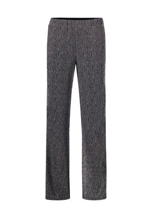 Schwarze und silberne strukturierte Hose mit geradem Bein und elastischem Bund. Das Material weist einen subtilen Glanz und feine Streifen auf.