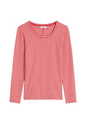Rood-wit gestreept shirt met lange mouwen en ronde halslijn, plat neergelegd op een witte achtergrond.