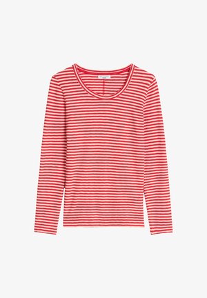 Rood-wit gestreept shirt met lange mouwen en ronde halslijn, plat neergelegd op een witte achtergrond.