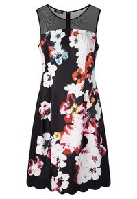 Robe florale noire avec de grandes fleurs blanches, roses et orange. Détail en mesh au niveau du col, design sans manches et ourlet festonné.