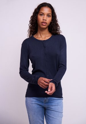 Cardigan à manches longues bleu marine avec encolure ronde, fermeture à boutons et manches ajustées, fabriqué dans un tissu doux et léger.