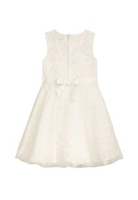 Weißes Spitzenkleid mit floralen Motiven, ärmellos, mit Schleifenakzent in der Taille und Reißverschluss hinten. Ausgestellter Rock für volle Bewegungsfreiheit.