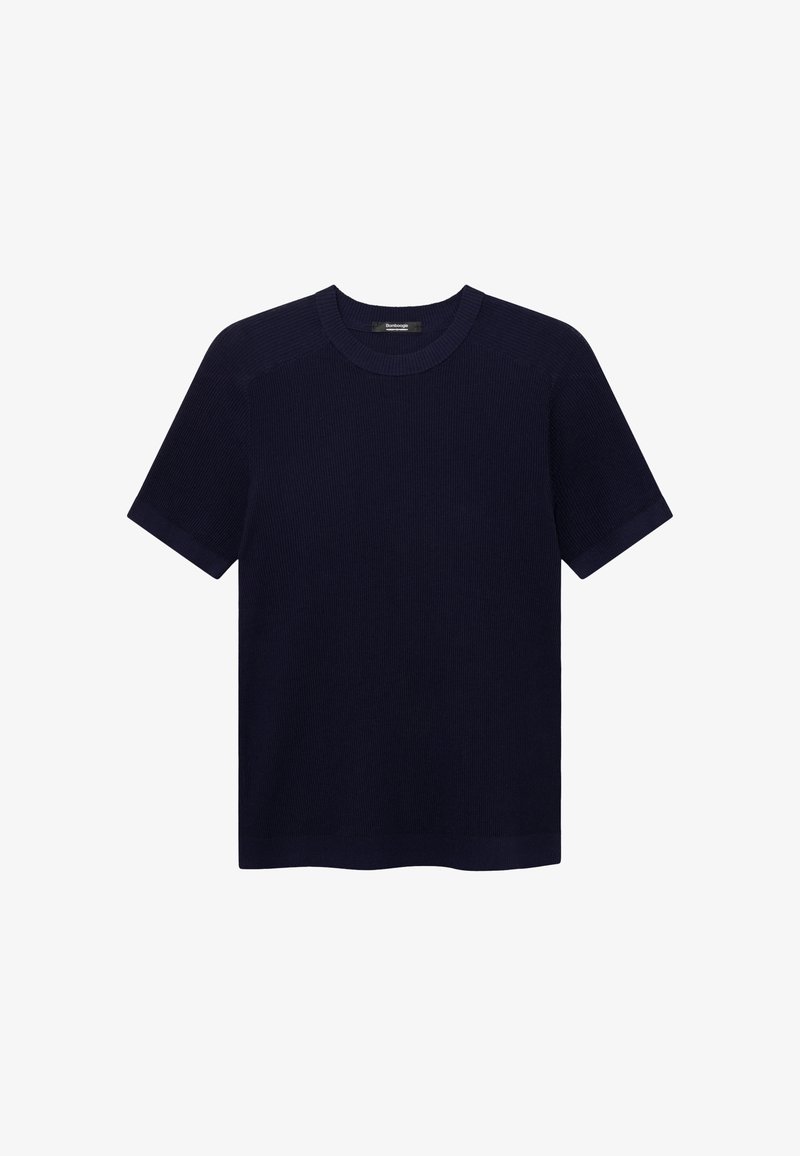 Maglietta a maniche corte blu navy in maglia con scollo rotondo e leggera texture a coste, stesa su uno sfondo bianco.