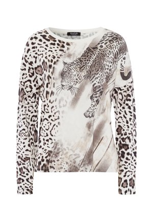 Langärmliges weißes Hemd mit schwarzen und braunen Leopardenflecken und einem großen Leopardenmotiv auf der Brust und den Ärmeln.