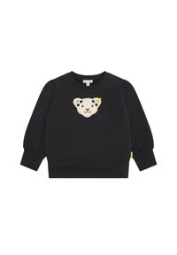 Schwarzes Sweatshirt mit puffärmel, mit einem cremefarbenen und gelben Bärenkopf-Logo auf der Vorderseite und einem seitlichen Etikett.