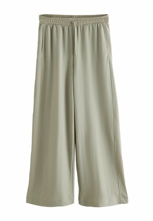 Light grey wide-leg pants with an elastic waistband and drawstring, featuring two side pockets and a smooth, soft texture.