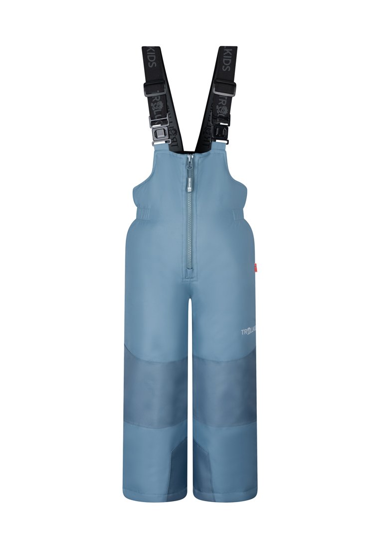 Blaue wasserdichte Kinderoverall mit verstellbaren schwarzen Trägern, Frontreißverschluss und kontrastierenden marineblauen Paneelen an den unteren Beinen.
