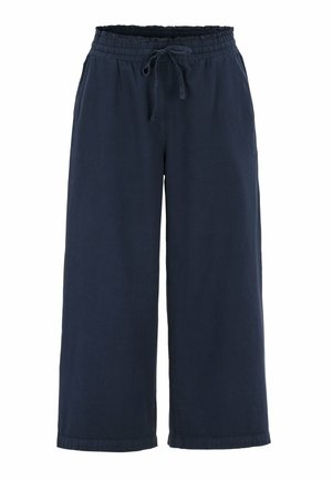 Granatowe spodnie o szerokich nogawkach z elastycznym paskiem i sznurkiem, charakteryzujące się luźnym krojem i prostym wykończeniem nogawek.