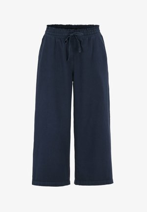 Granatowe spodnie o szerokich nogawkach z elastycznym paskiem i sznurkiem, charakteryzujące się luźnym krojem i prostym wykończeniem nogawek.