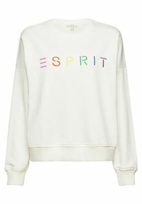 Sudadera blanca con la palabra "ESPRIT" en colores arcoíris, con mangas largas y cuello redondo. Textura suave y corte holgado.