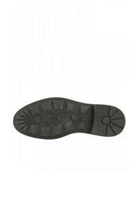 Sole di scarpa in gomma nera con una trama a motivo che presenta molteplici forme rialzate per la trazione, punta arrotondata e texture sui lati.